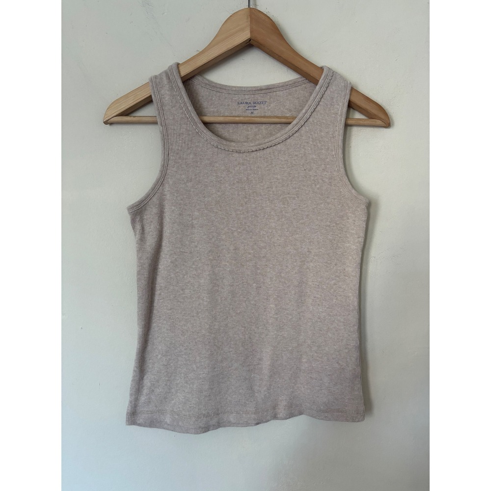 Laura Scott Petite Ribbed Tank Top Beige Heather Cotton Scoop Neck Size M
